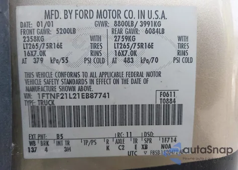 2001 Ford F-250 Xl/Xlt из США, поврежденный, VIN 1FTNF21L21EB87741